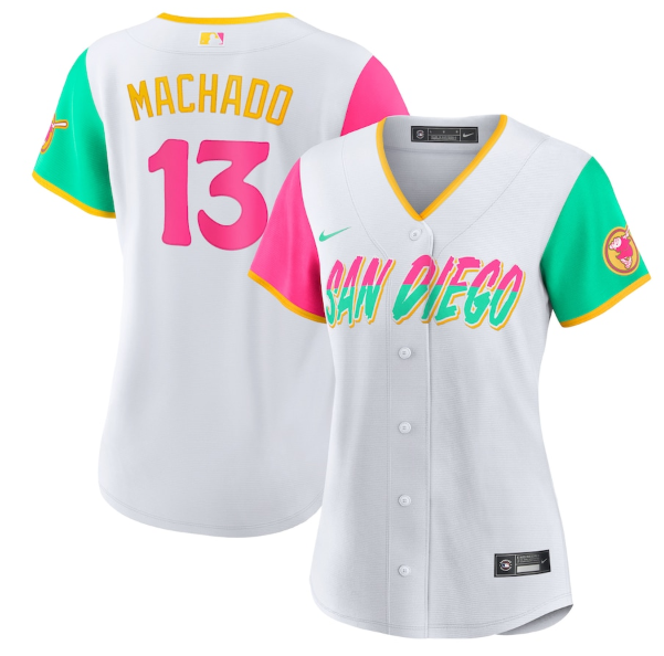 Women's San Diego Padres #13 Manny Machado 2022 White City Connect Cool Base Stitched Baseball Jersey(Run Small)